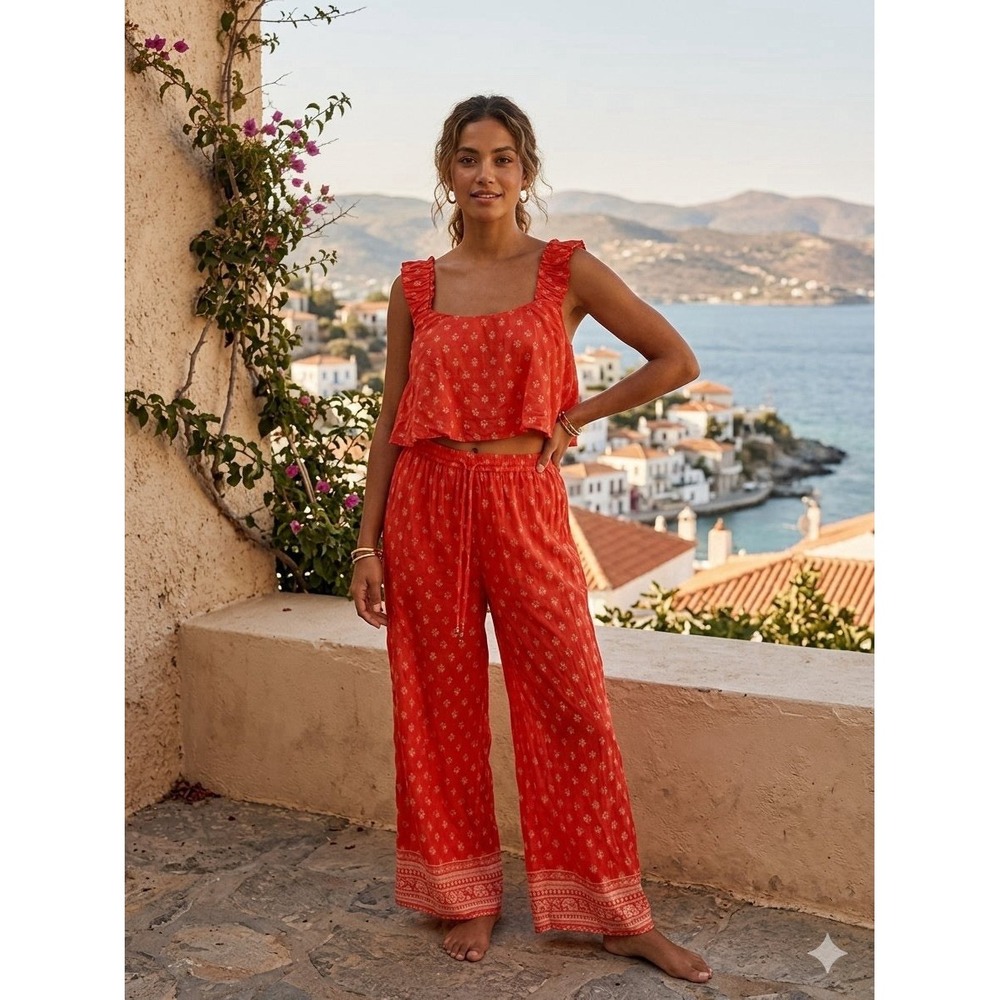 Solai The Label 100% Cotton Set Sz M Red Orange Vacation Top Pants